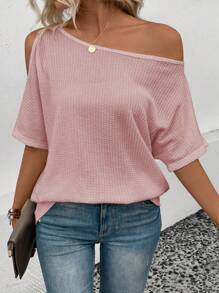 SHEIN LUNE Solid Asymmetrical Neck Batwing Sleeve Tee - Dusty Pink - View 4