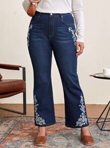 EMERY ROSE Plus Floral Embroidery Flare Leg Jeans - Dark Wash - View 3
