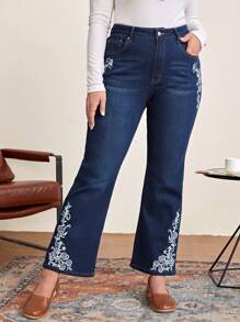 EMERY ROSE Plus Floral Embroidery Flare Leg Jeans - Dark Wash - View 1