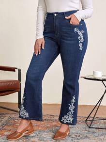 EMERY ROSE Plus Floral Embroidery Flare Leg Jeans - Dark Wash - View 5