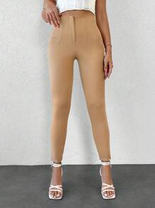 EURMUSE Solid Cropped Skinny Pants - Camel - View 3