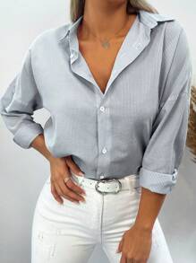 EURMUSE Striped Print Drop Shoulder Button Front Shirt - Blue - View 1