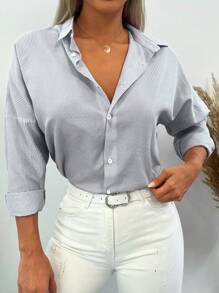 EURMUSE Striped Print Drop Shoulder Button Front Shirt - Blue - View 3