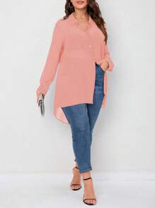 SHEIN LUNE 大碼素色前紐扣高低下擺襯衫