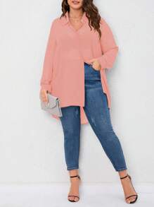 SHEIN LUNE 大碼素色前紐扣高低下擺襯衫