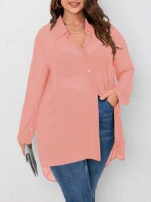 SHEIN LUNE 大碼素色前紐扣高低下擺襯衫