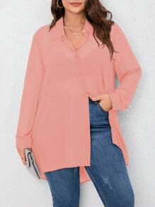 SHEIN LUNE 大碼素色前紐扣高低下擺襯衫