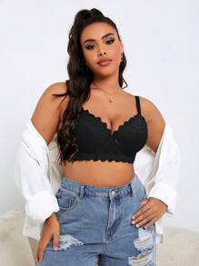 加大碼花朵蕾絲魚骨內托胸罩內衣 - 黑色 - 查看 1