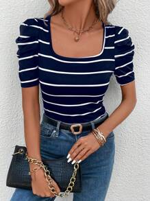 SHEIN LUNE 條紋印花泡泡袖T恤 - 藍白色 - 查看 5