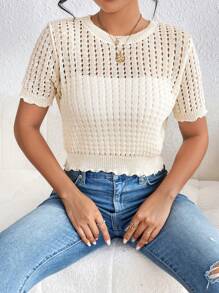 SHEIN Privé Solid Pointelle Knit Top Without Bra - Apricot - View 1