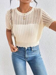 SHEIN Privé Solid Pointelle Knit Top Without Bra - Apricot - View 3