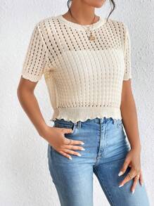 SHEIN Privé Solid Pointelle Knit Top Without Bra - Apricot - View 4