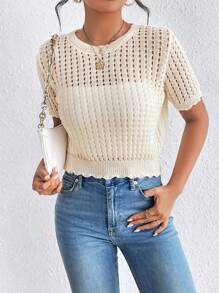 SHEIN Privé Solid Pointelle Knit Top Without Bra - Apricot - View 5