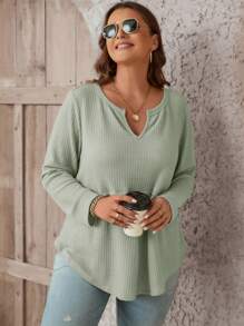 SHEIN LUNE 大碼缺口領弧形下擺T恤 - 薄荷綠 - 查看 3