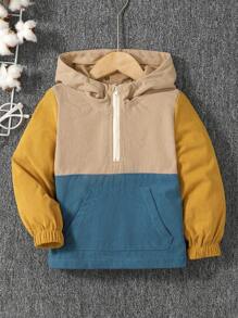 SHEIN Young Boy Colourblock Half Zip Kangaroo Pocket Hooded Jacket - Multicolor - View 1