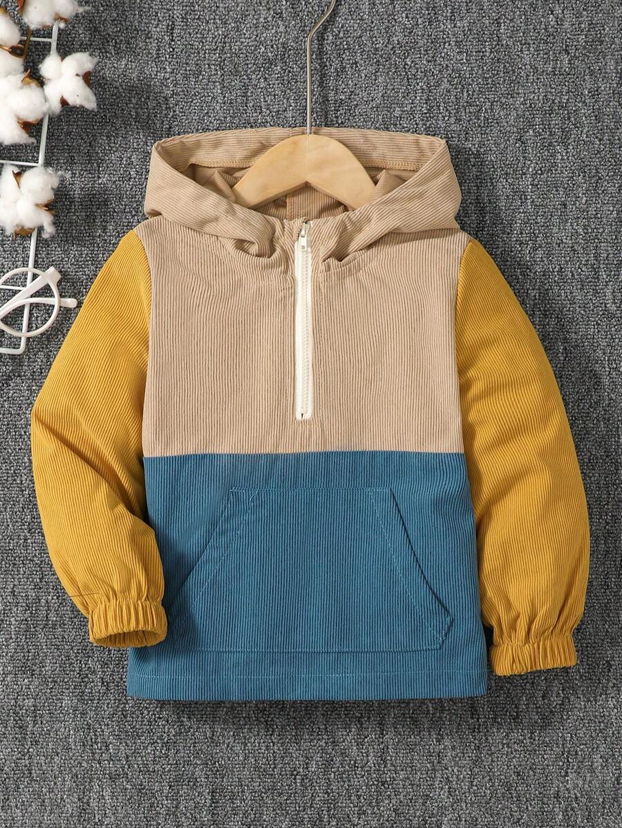 SHEIN Young Boy Colourblock Half Zip Kangaroo Pocket Hooded Jacket - Multicolor - View 1