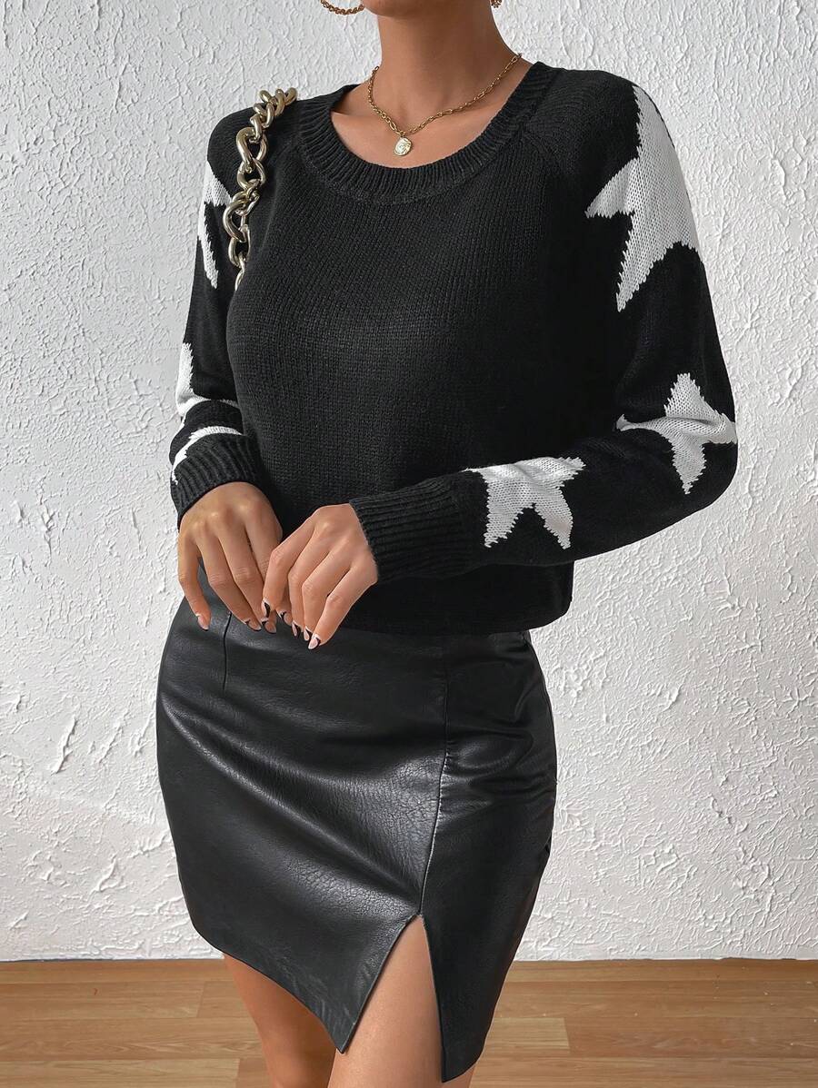 SHEIN Essnce Star Pattern Raglan Sleeve Jumper - Black - View 1