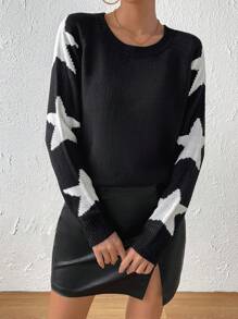 SHEIN Essnce Star Pattern Raglan Sleeve Jumper - Black - View 5