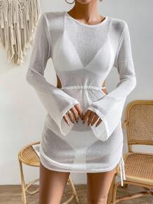 SHEIN VCAY Cắt ra Không lưng Đầm Áo len Không có bộ đồ lót - trắng - Xem 3