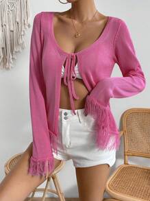 Flirla Fringe Trim Tie Front Cardigan - Pink - View 1