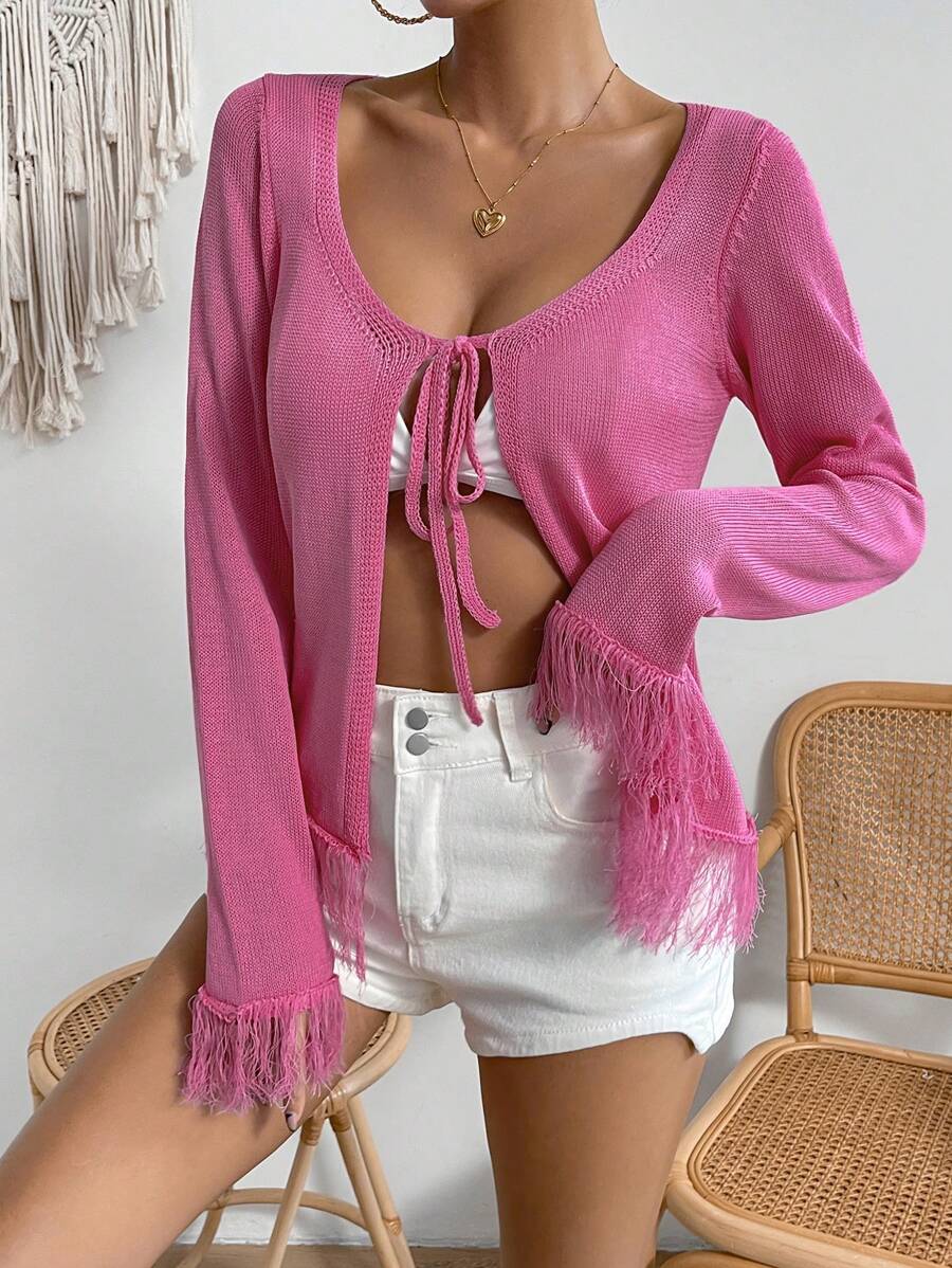 Flirla Fringe Trim Tie Front Cardigan - Pink - View 1