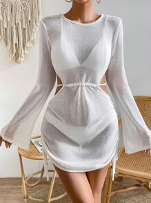 SHEIN VCAY Cắt ra Không lưng Đầm Áo len Không có bộ đồ lót - trắng - Xem 5