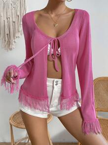 Flirla Fringe Trim Tie Front Cardigan - Pink - View 3