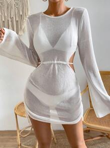 SHEIN VCAY Cắt ra Không lưng Đầm Áo len Không có bộ đồ lót - trắng - Xem 6