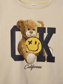 SHEIN 男大童熊和字母圖案落肩袖套頭衫 - 杏色 - 查看 3