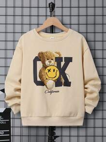 SHEIN 男大童熊和字母圖案落肩袖套頭衫 - 杏色 - 查看 8