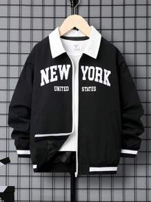 SHEIN Tween Boy Letter Graphic Contrast Collar Drop Shoulder Jacket Without Tee - Black - View 1