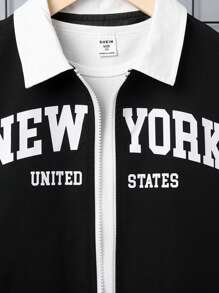 SHEIN Tween Boy Letter Graphic Contrast Collar Drop Shoulder Jacket Without Tee - Black - View 4