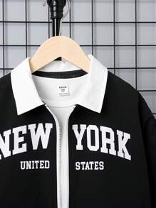 SHEIN Tween Boy Letter Graphic Contrast Collar Drop Shoulder Jacket Without Tee - Black - View 5