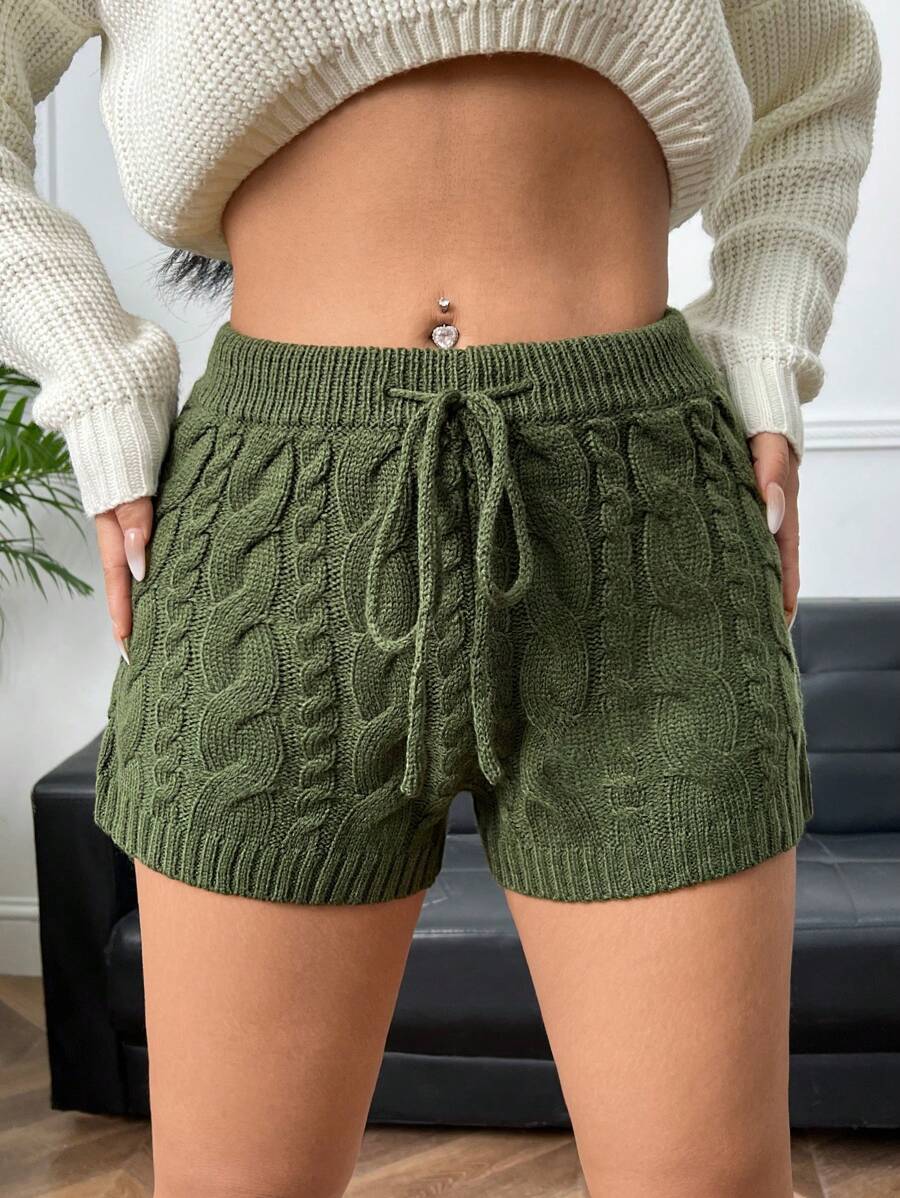 SHEIN EZwear 腰部抽繩麻花編織短褲 - 軍綠色 - 查看 1