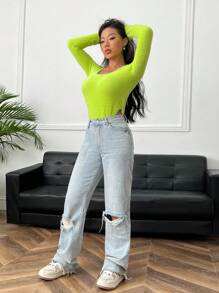 SHEIN EZwear Solid Scoop Neck Fuzzy Knit Sweater Bodysuit