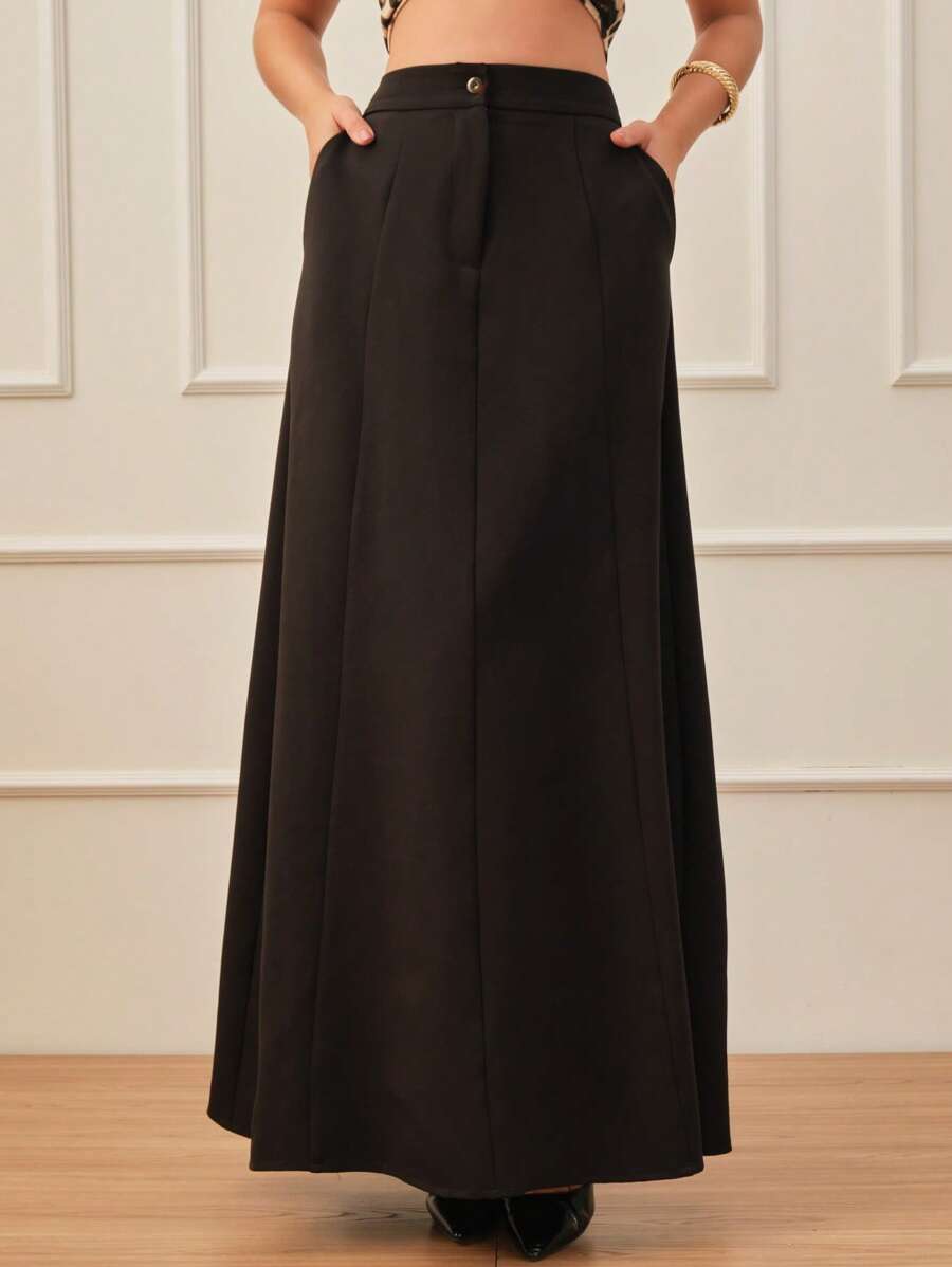 SHE(IN) BRASIL 素色拉鏈門襟半身裙 - 黑色 - 查看 1