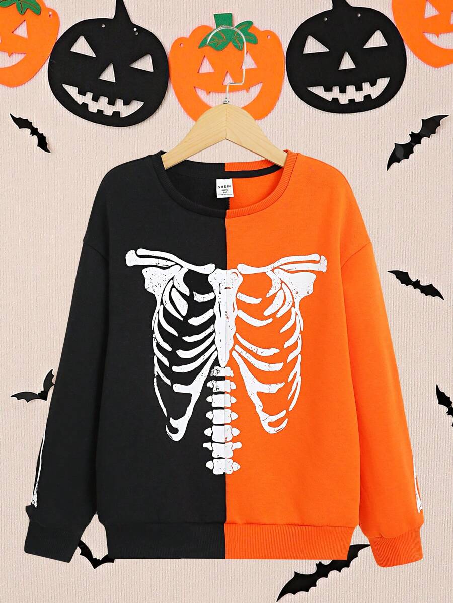 SHEIN 男大童雙色骷髅圖案落肩袖運動衫 - 彩色 - 查看 1