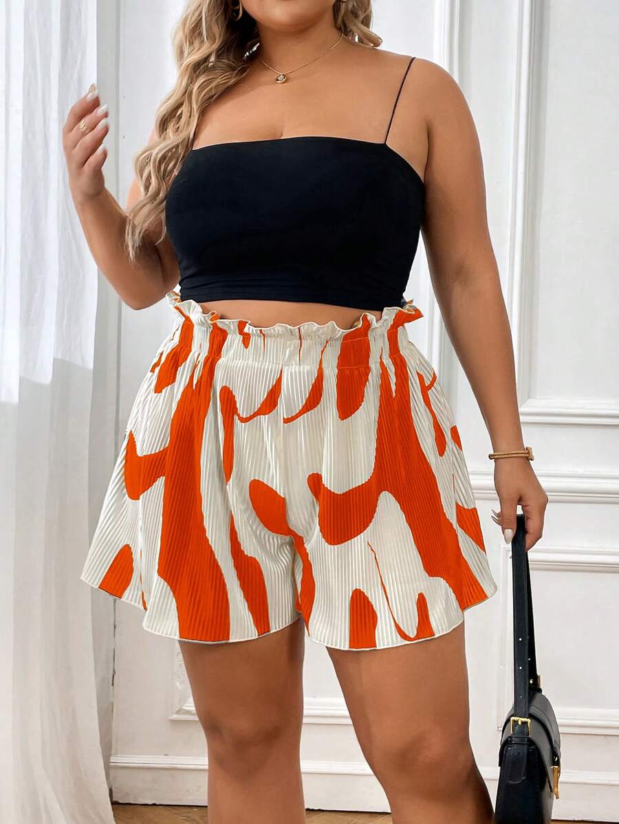 SHEIN Essnce Plus Graphic Print Paperbag Waist Shorts - Orange - View 1