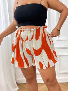 SHEIN Essnce Plus Graphic Print Paperbag Waist Shorts - Orange - View 4