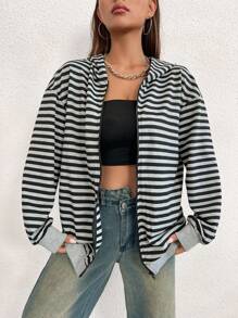 SHEIN Unity In sọc Dây kéo Thả vai Hoodie - Nhiều màu - Xem 4