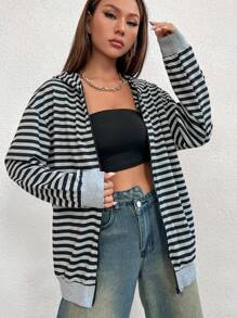 SHEIN Unity In sọc Dây kéo Thả vai Hoodie - Nhiều màu - Xem 5