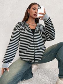 SHEIN Unity In sọc Dây kéo Thả vai Hoodie - Nhiều màu - Xem 6