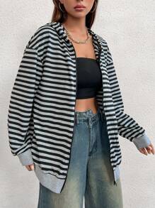 SHEIN Unity In sọc Dây kéo Thả vai Hoodie - Nhiều màu - Xem 1