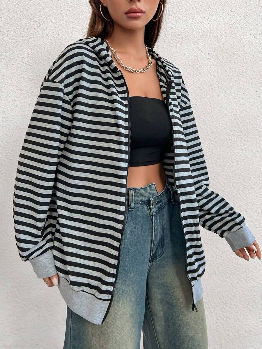 SHEIN Unity In sọc Dây kéo Thả vai Hoodie - Nhiều màu - Xem 1