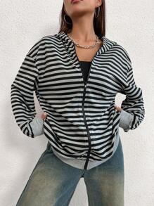 SHEIN Unity In sọc Dây kéo Thả vai Hoodie - Nhiều màu - Xem 3