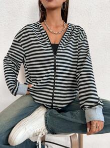 SHEIN Unity In sọc Dây kéo Thả vai Hoodie - Nhiều màu - Xem 7