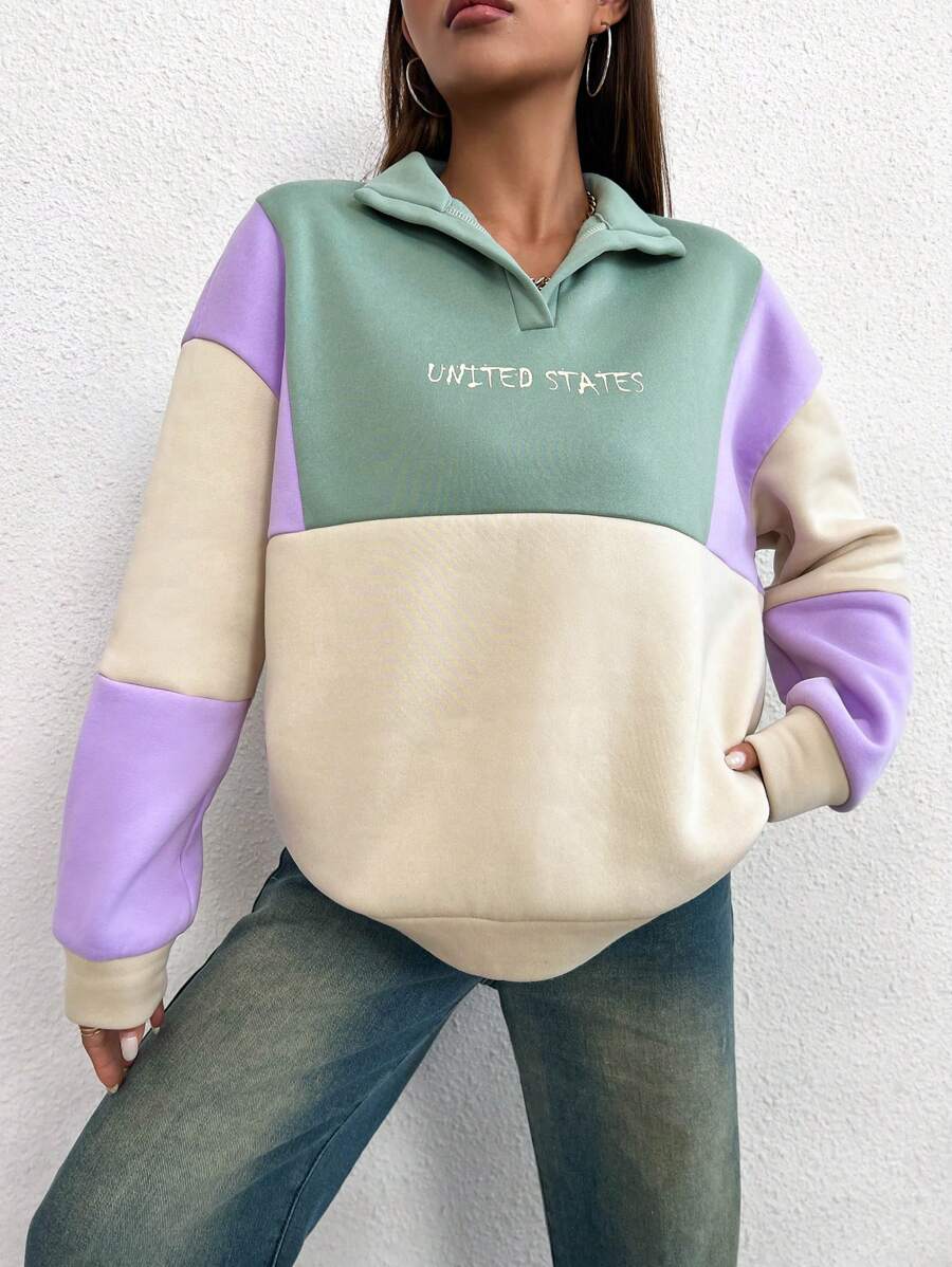 Flirla Sudadera con bloque de color y estampa de letra, Top de manga larga - Multicolor - Ver 1