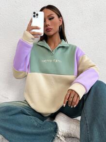 Flirla Sudadera con bloque de color y estampa de letra, Top de manga larga - Multicolor - Ver 4