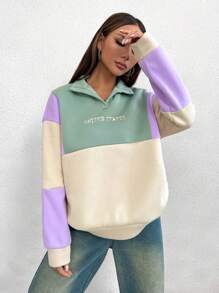 Flirla Sudadera con bloque de color y estampa de letra, Top de manga larga - Multicolor - Ver 6