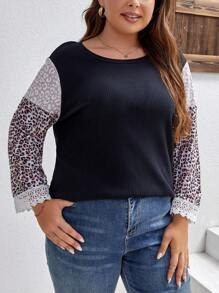 SHEIN LUNE 大碼豹紋印花蕾絲拼接T恤 - 彩色 - 查看 1